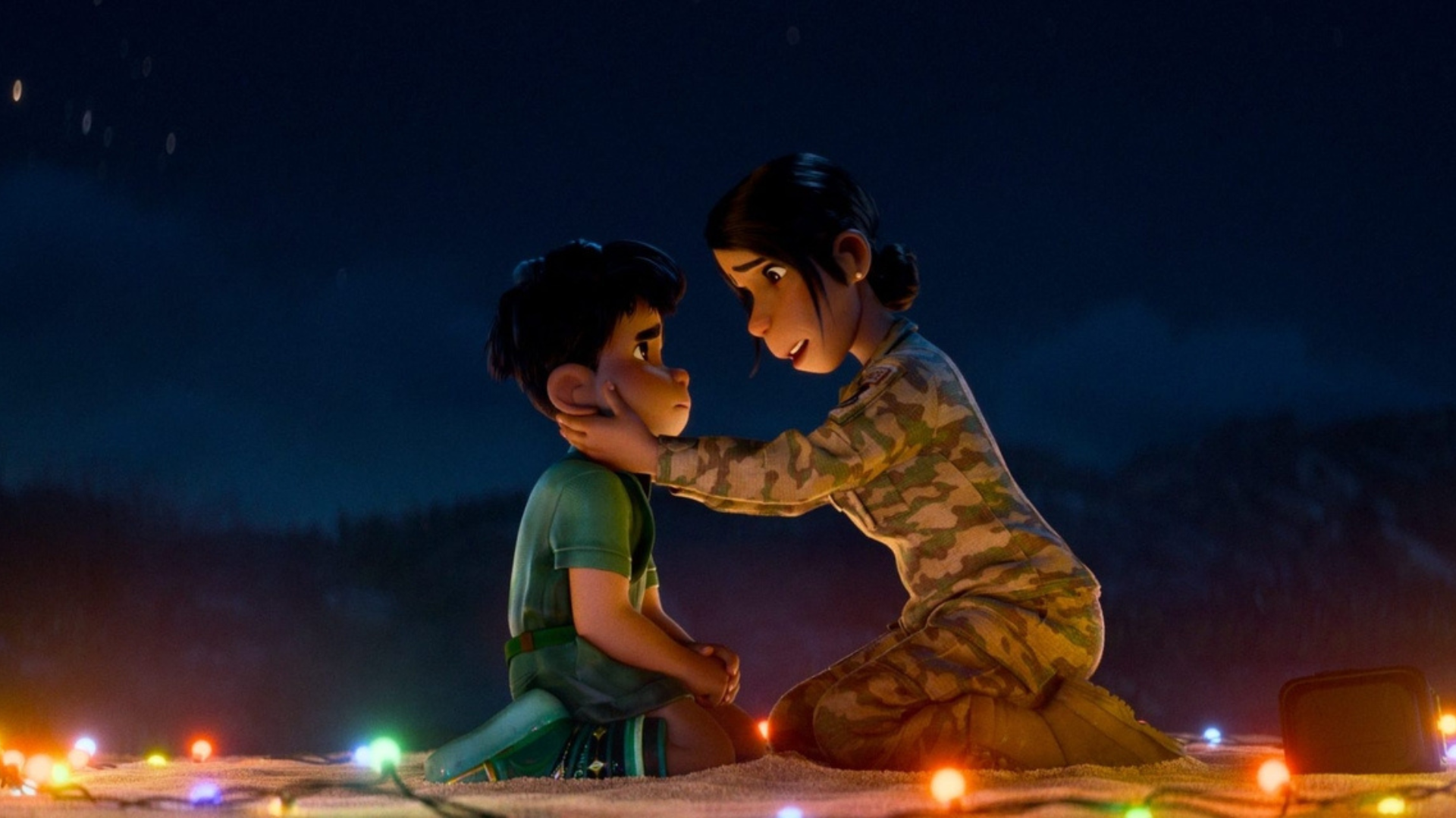 Elio et sa tante de nuit avec des lumières de guirlande