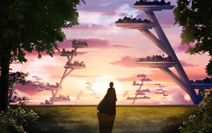 Arco sur le point de s'envoler, face aux arbres-maisons de son monde futuriste Arco – © 2025 Remembers, MountainA