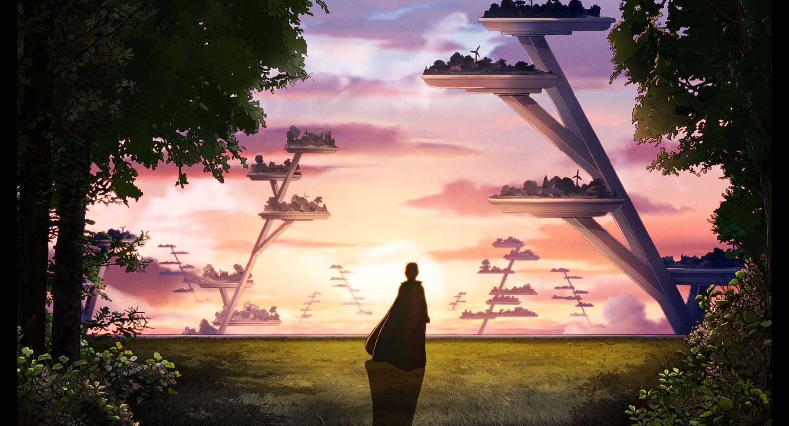 Arco sur le point de s'envoler, face aux arbres-maisons de son monde futuriste Arco – © 2025 Remembers, MountainA